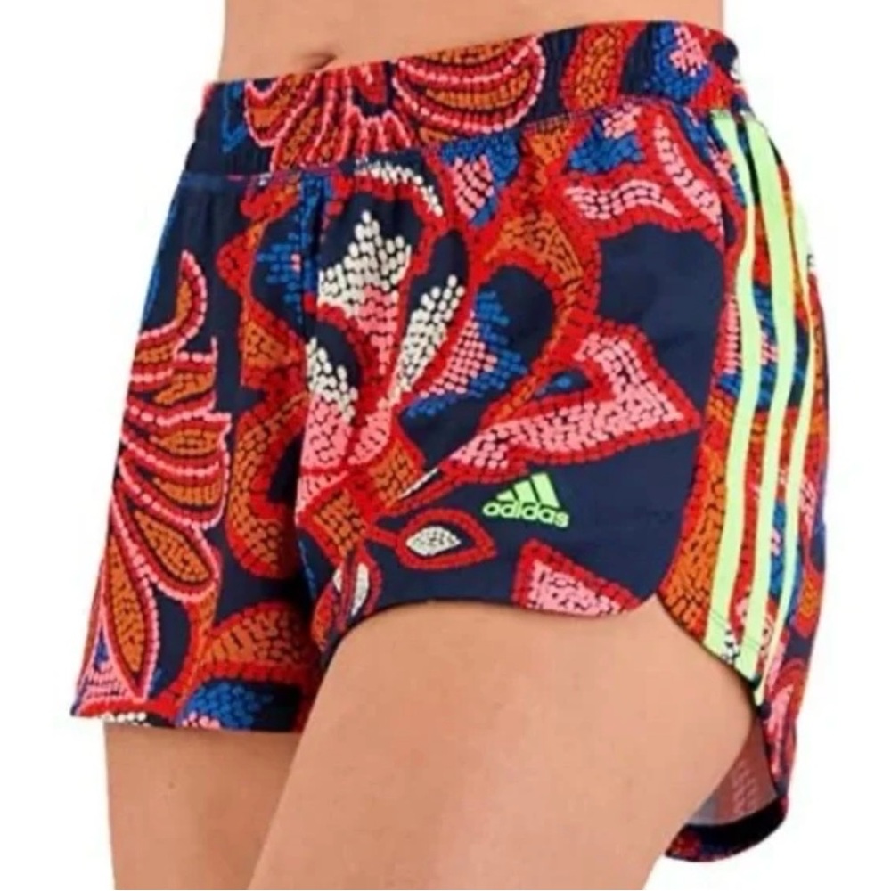 adidas Women's Navy Floral Print Running Shorts with Neon Three-Stripes - Picture 2 of 2